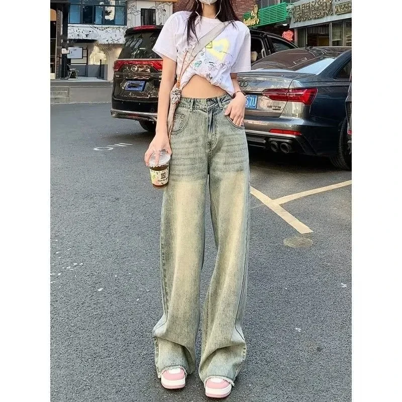 Retro Cement Yellow Straight Wide-leg Jeans For Women Spring And Summer New Loose Slim High Waist Drape Long Pants
