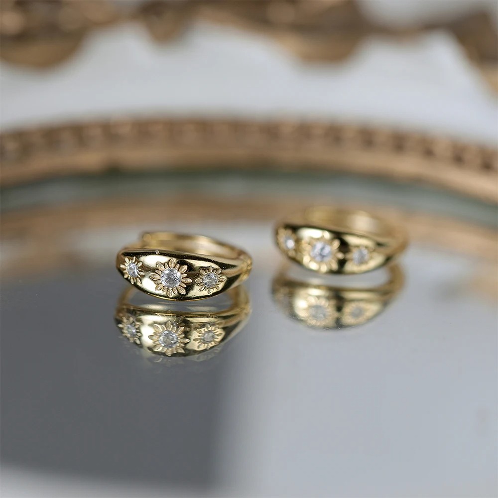 Aide 925 Sterling Silver Eight-Pointed Star Sturdy Gold Hoop Buckle Earrings