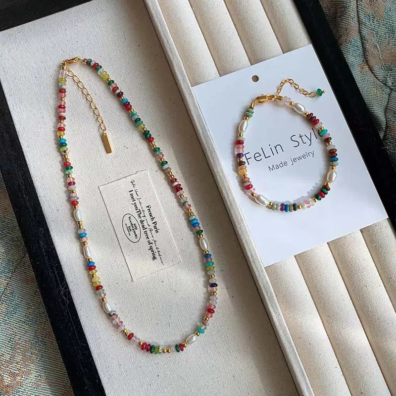 Fashion Colorful Beads Stone Natural Freshwater Pearl Necklaces for Women