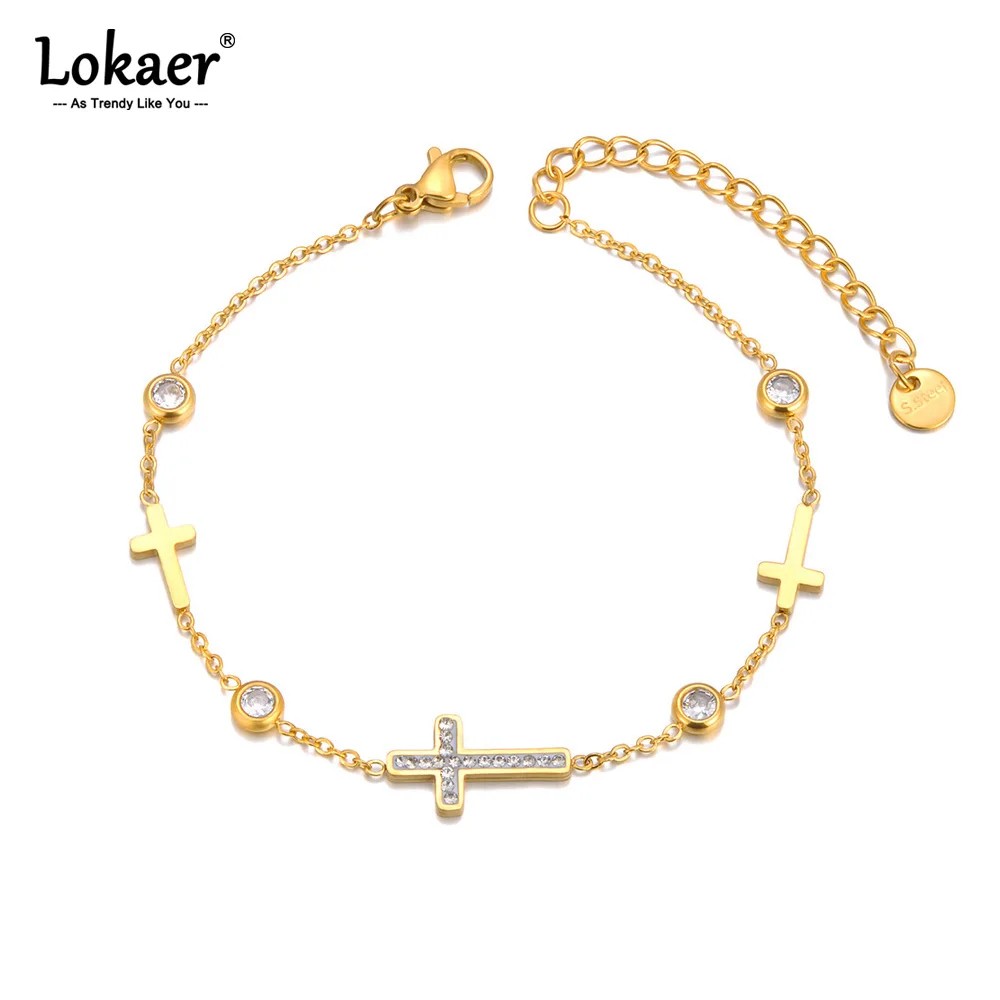 Lokaer 316L Stainless Steel Cubic Zirconia Cross Charm Bracelet for Women