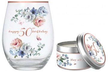 50TH DANCING ROSES STEMLESS GLASS 520ML & CANDLE GIF