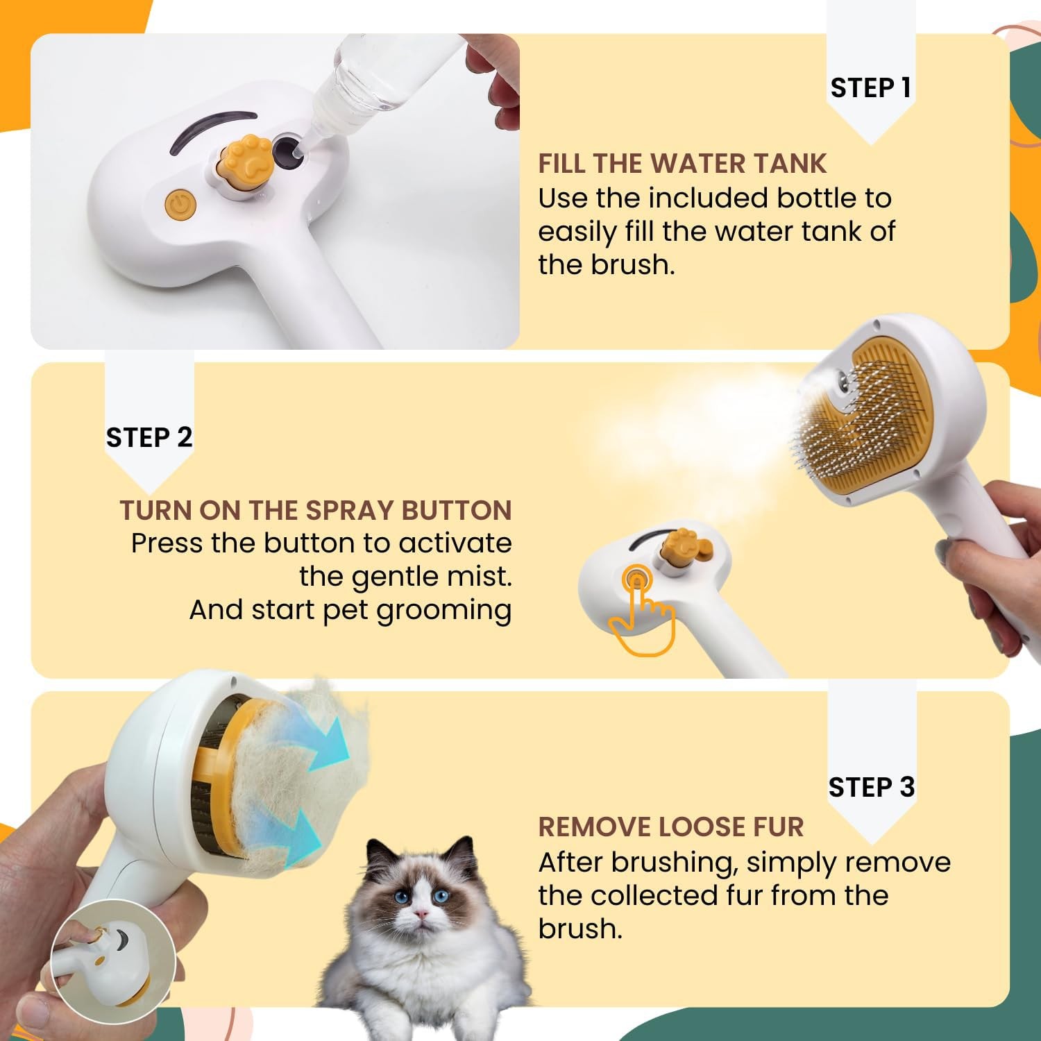 Premium pet brush with steam function