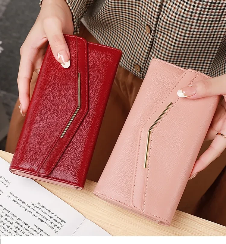 Women's Long Three-fold Stitching Fashion Multi-card-slot Leather Oil Wax Leather Large-capacity Wallet