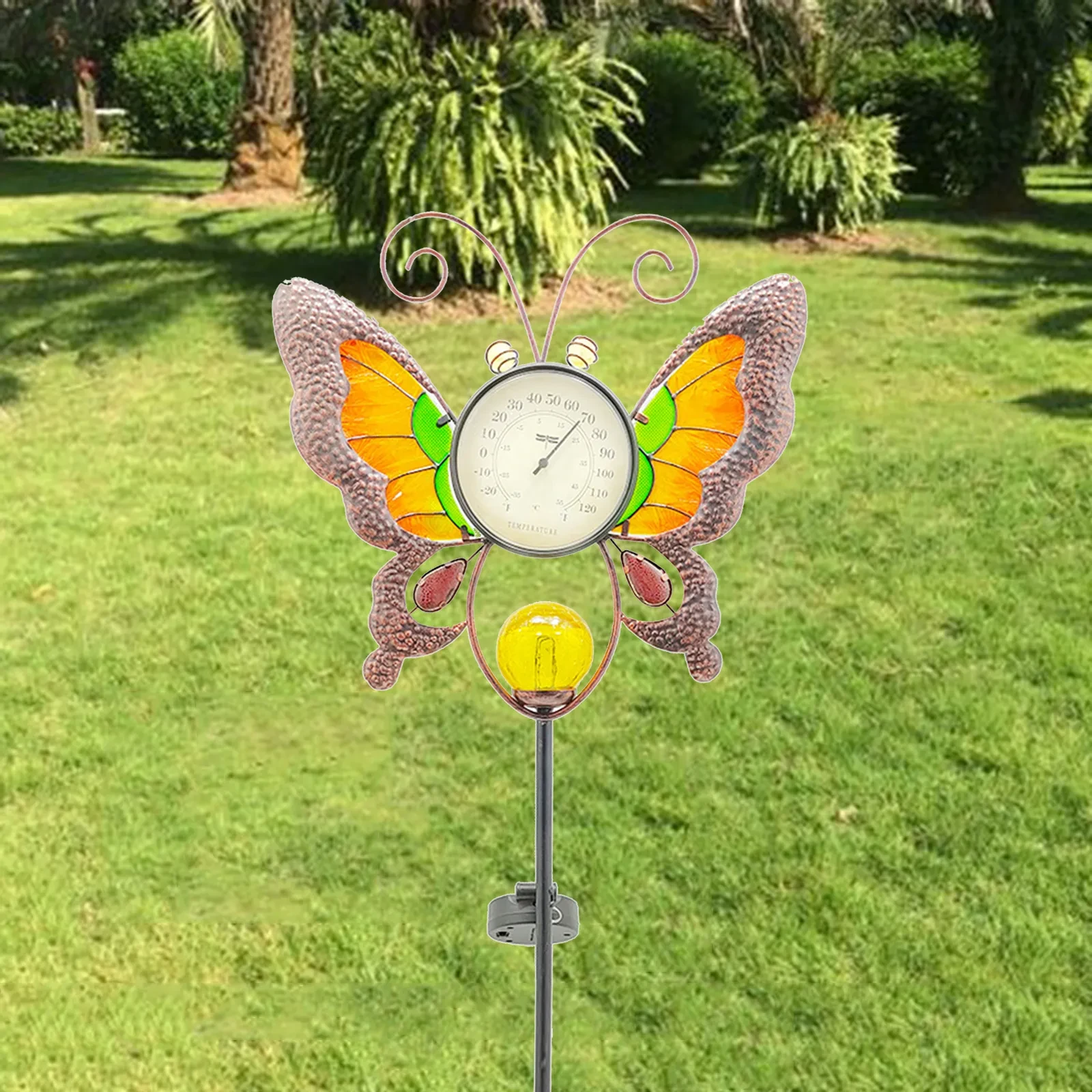 Solar Thermometer Garden Lawn Patio Temperature Gauge Glow In Dark Garden Stake Decor