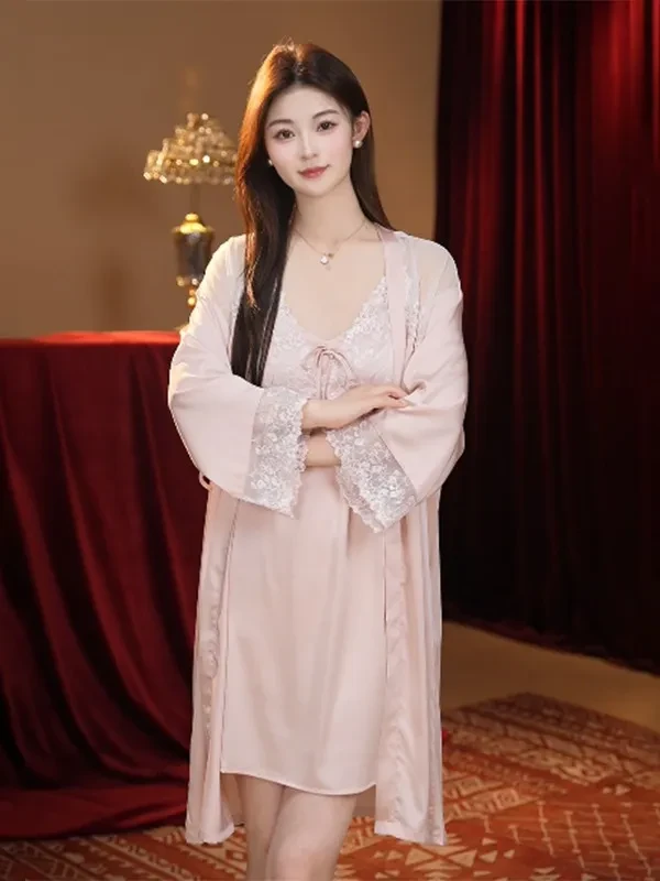 Sexy Nightdress Lace Bow Robe Hanging Two-piece Set