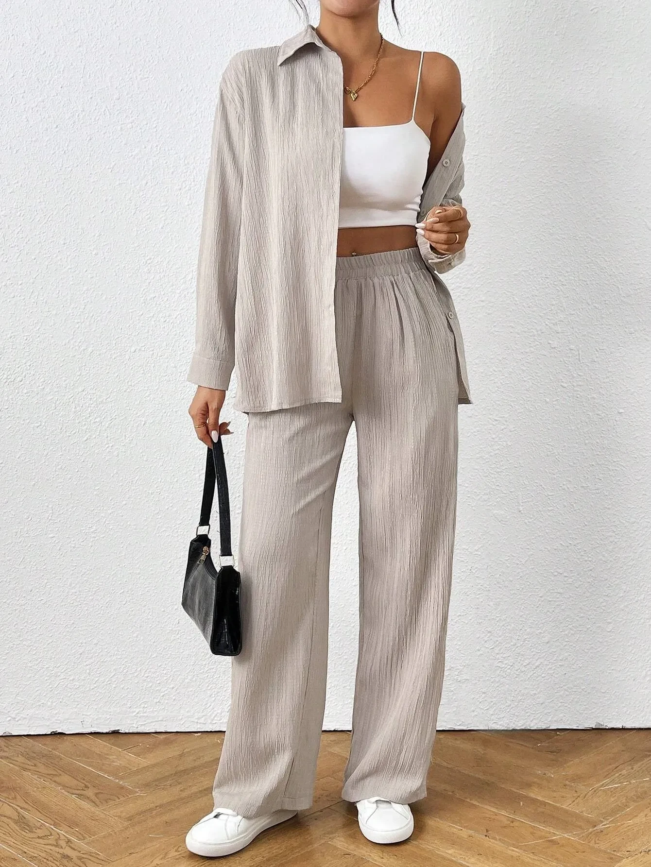 Solid Color Long Sleeved Shirt And Pants Set