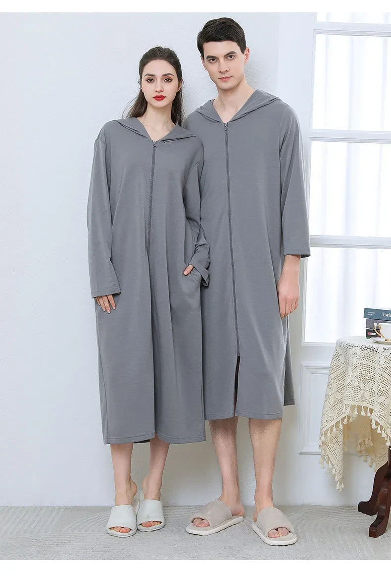 Zipper Bathrobe Couple Hooded Nightgown Thin Pajamas