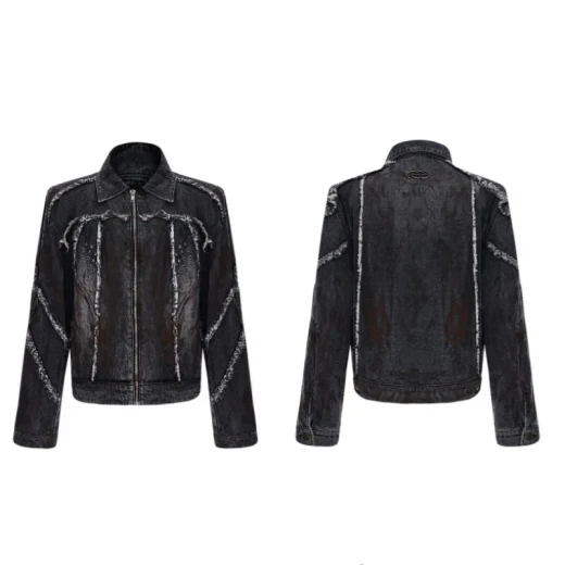 Raw Edge Splash-dyeing Distressed Padded Shoulder Denim Coat