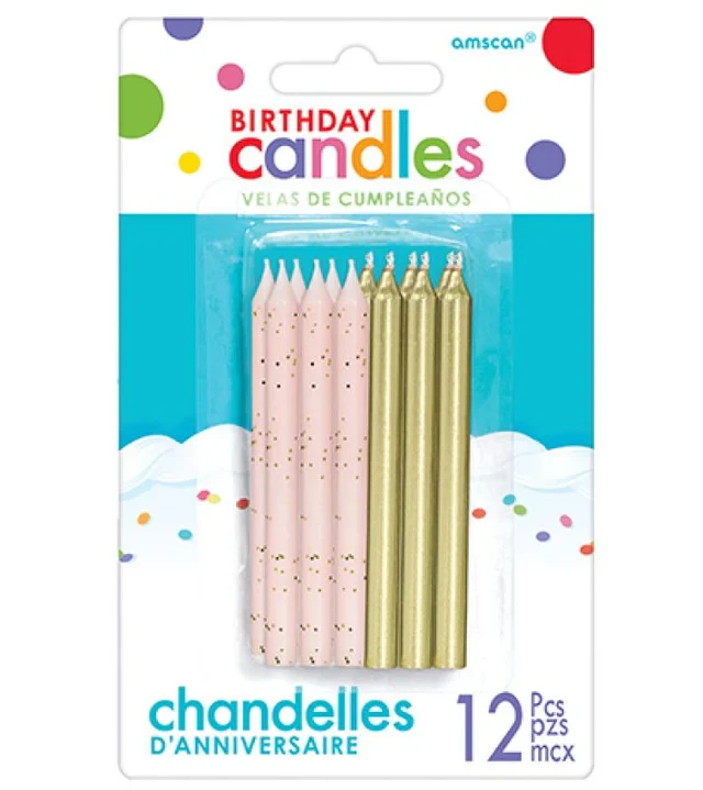 Candles Pink Glittered And Metallic Gold (Pack of 12)