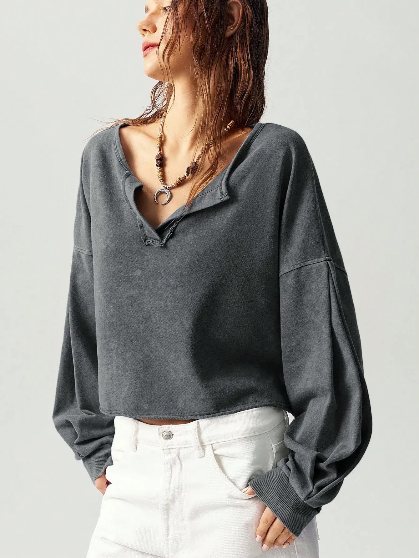 Solid Color V-neck Long Sleeved Loose Fitting Pullover