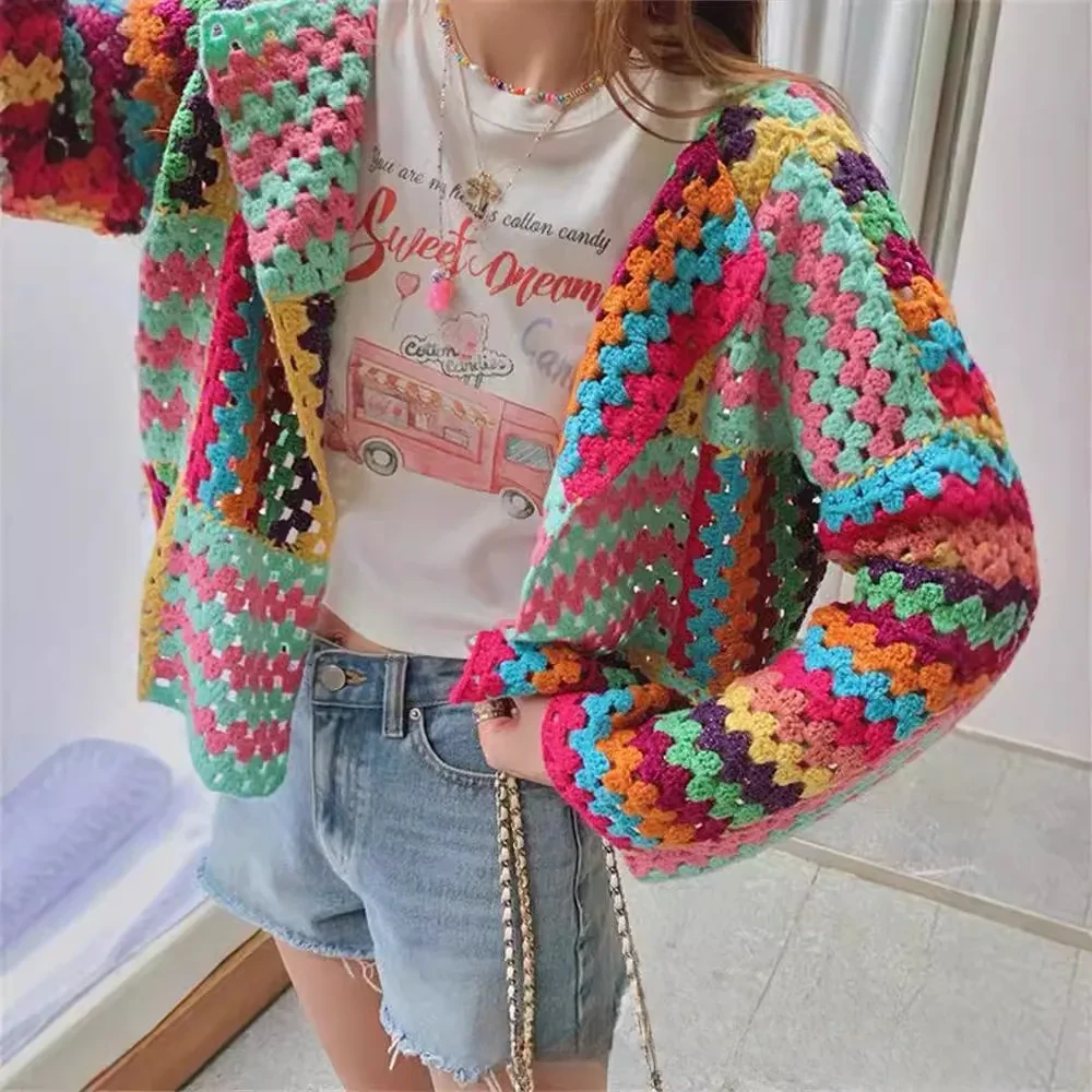 Sweet Heavy Industry Color Woven Crochet Loose Slim Long Sleeve Sweater
