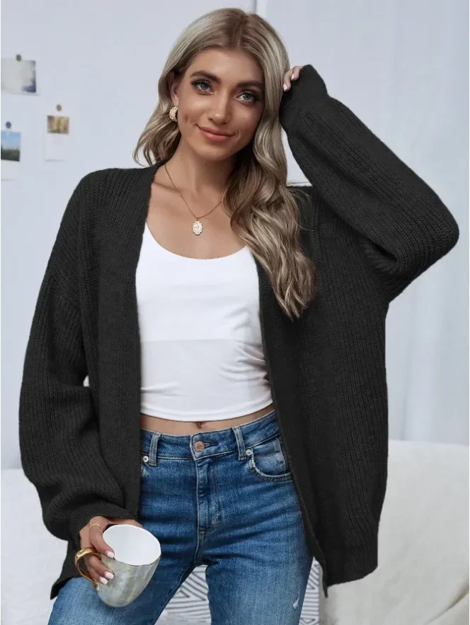 Open Front Drop Shoulder Solid Cardigan,Long Sleeve Tops