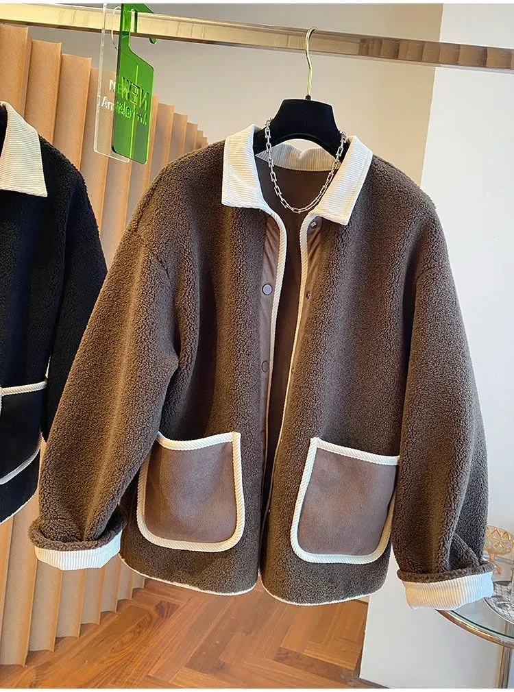 Lamb Wool Women's Loose Slimming Thickened Warm Plus Size Splicing Coat