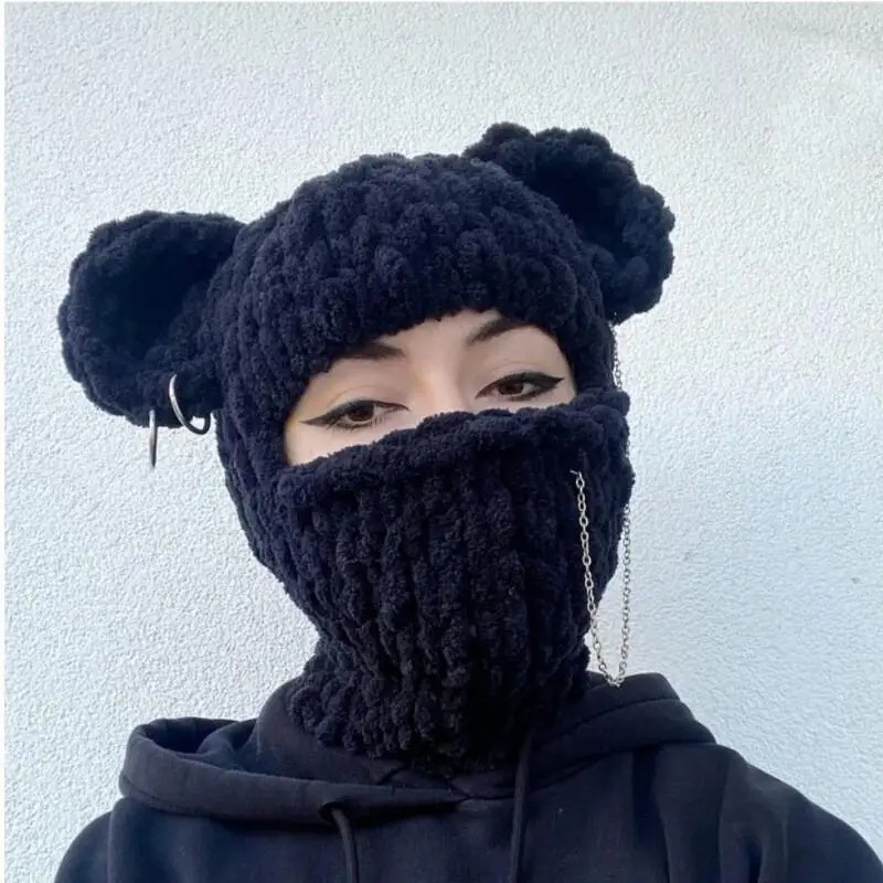 Bear Ears Crochet Balaclava Women Handmade Chain Circle Knitted Hat Party Chenille Mask
