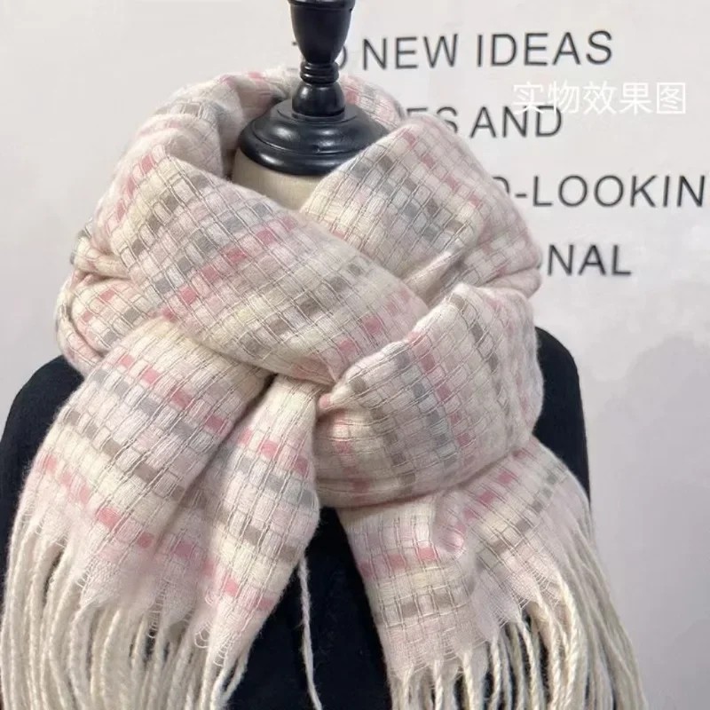 Fresh Light Pink Small Grid Imitation Cashmere Tassel Scarf