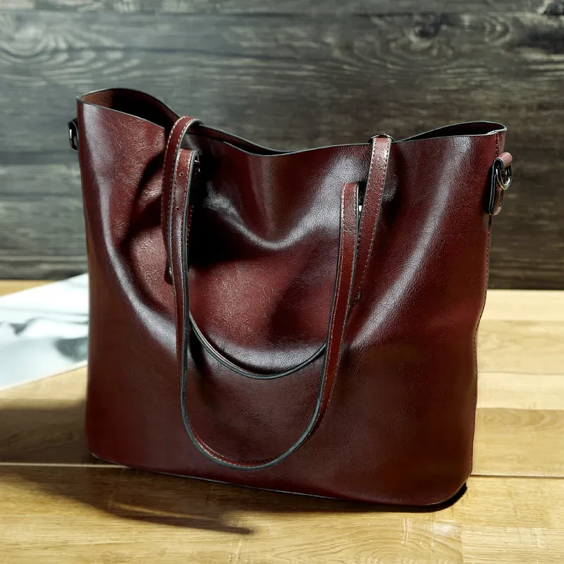 Simple Oil Wax Leather Messenger Shoulder Bags Women's High Capacity Portable Tote Bag