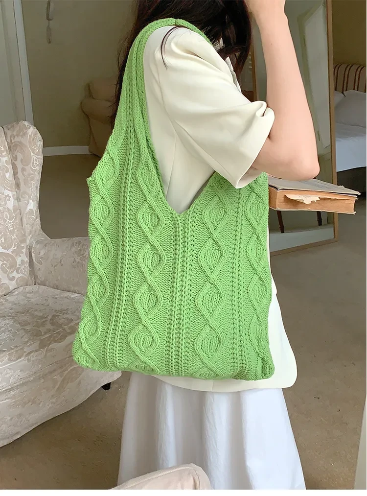 GWomen Shoulder Bags Portable Retro Hollow Knitted Woolen Yarn Bag Shoulder Tote Bag Solid Color Crochet Bag Large Capacity Shopping Tote Bags