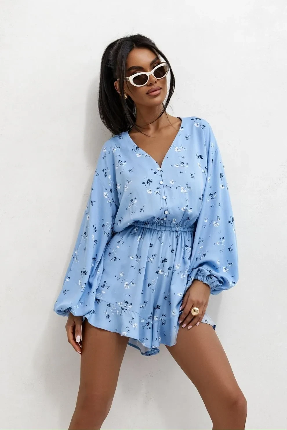 Printed V-neck Long Sleeve Jumpsuit